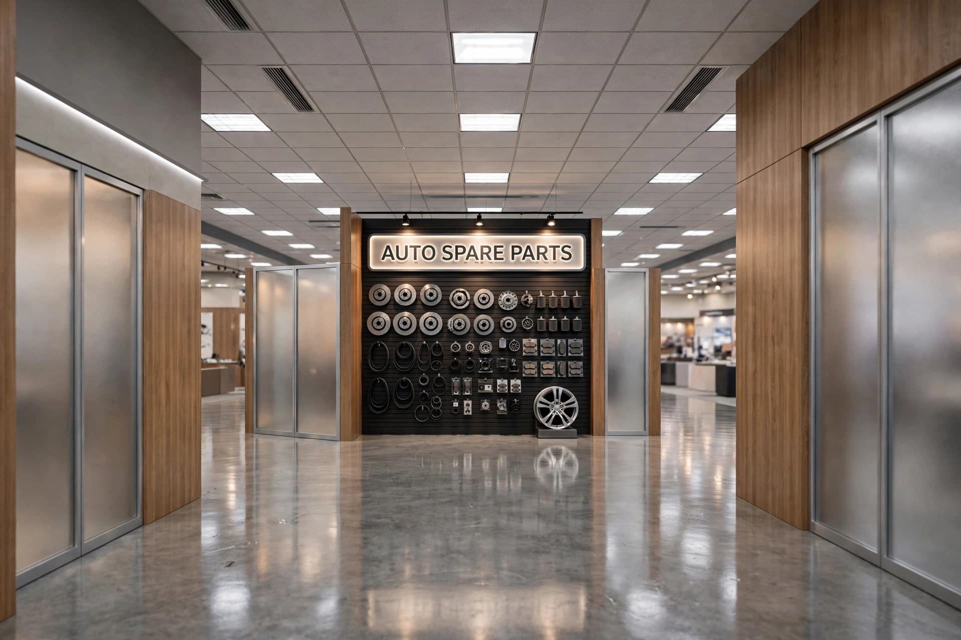 approaching the Auto Spare Parts display wall from the showroom corridor