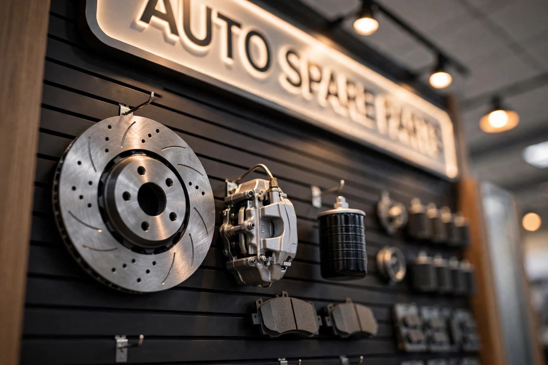 Close-up of drilled brake discs, a caliper and brake pads on the Auto Spare Parts wall