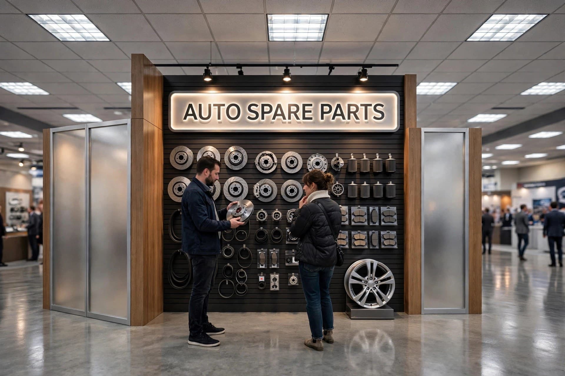 two visitors inspecting a brake disc in front of the full-height Auto Spare Parts wall