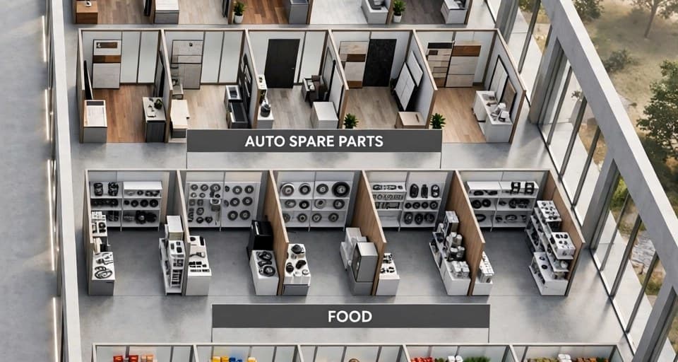 Aerial view of the Auto Spare Parts zone with parts display booths in the showroom layout