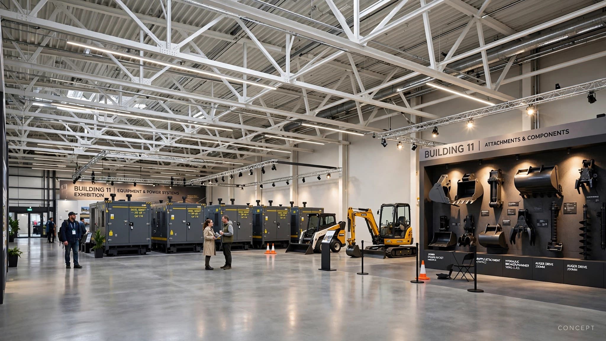 The Building 11 warehouse showroom — a high-ceiling hall with generator sets and machinery