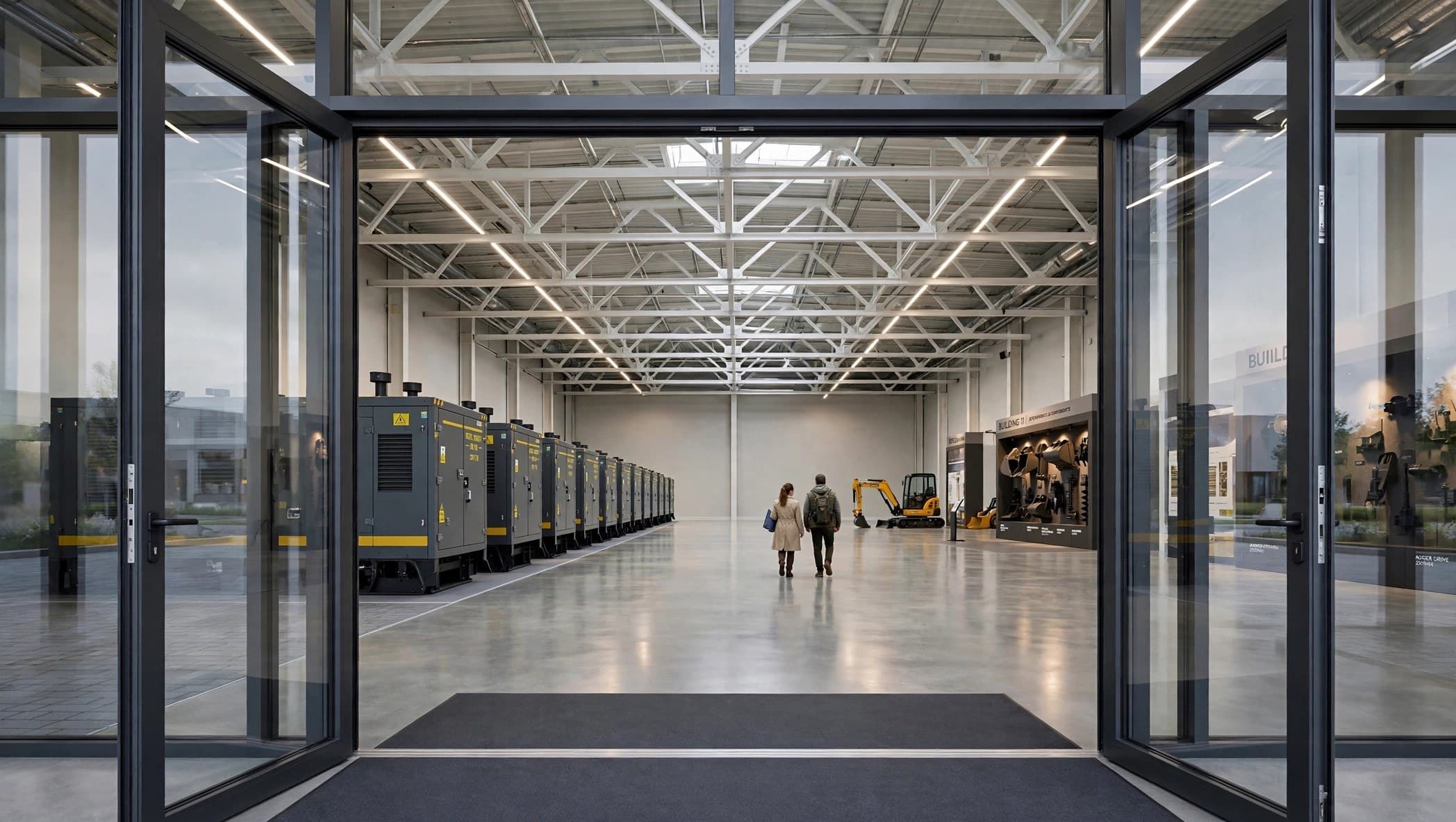 looking through the glass entrance doors into the vast Building 11 machinery hall