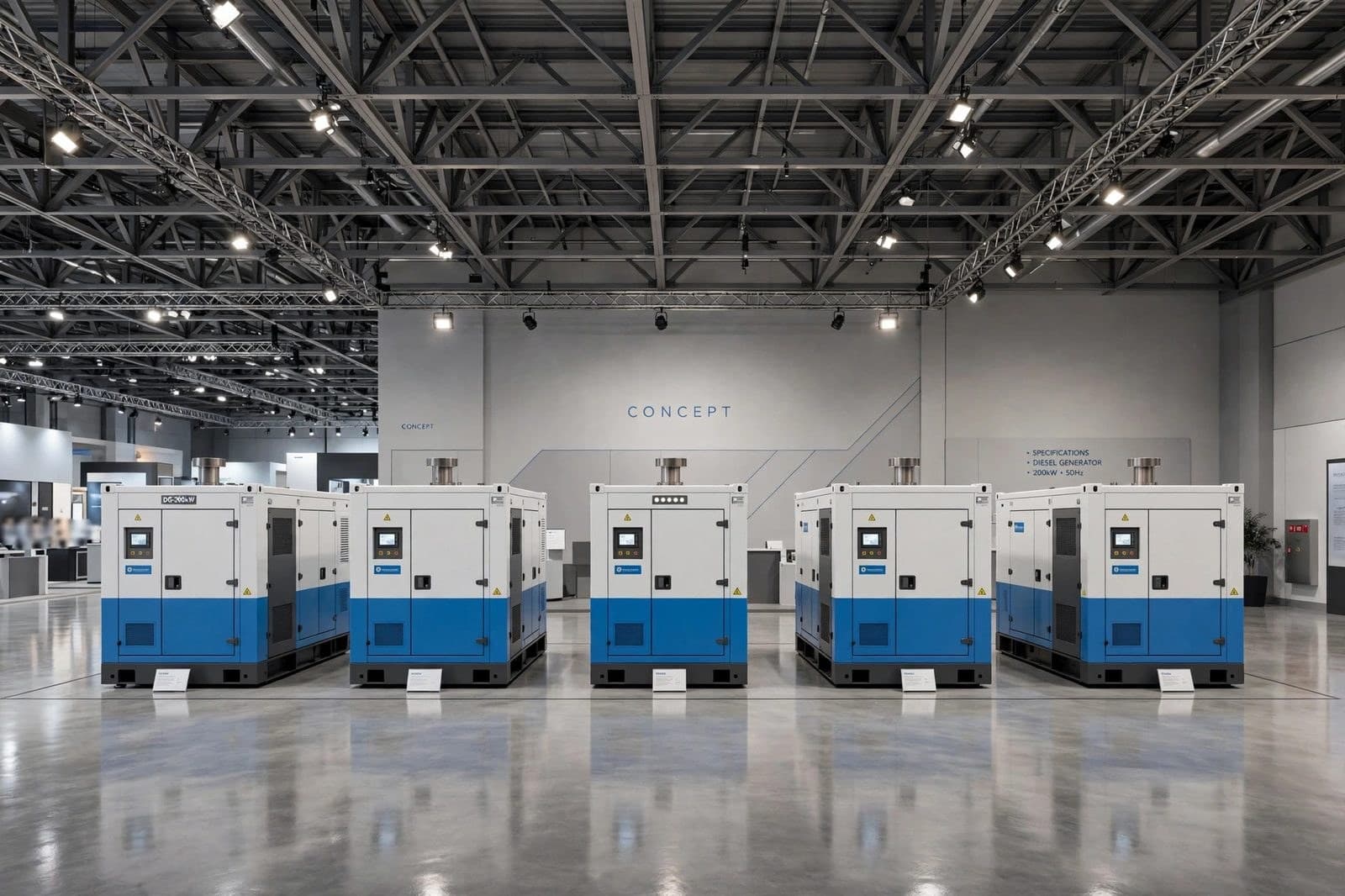 A row of diesel generator sets displayed in the Building 11 hall