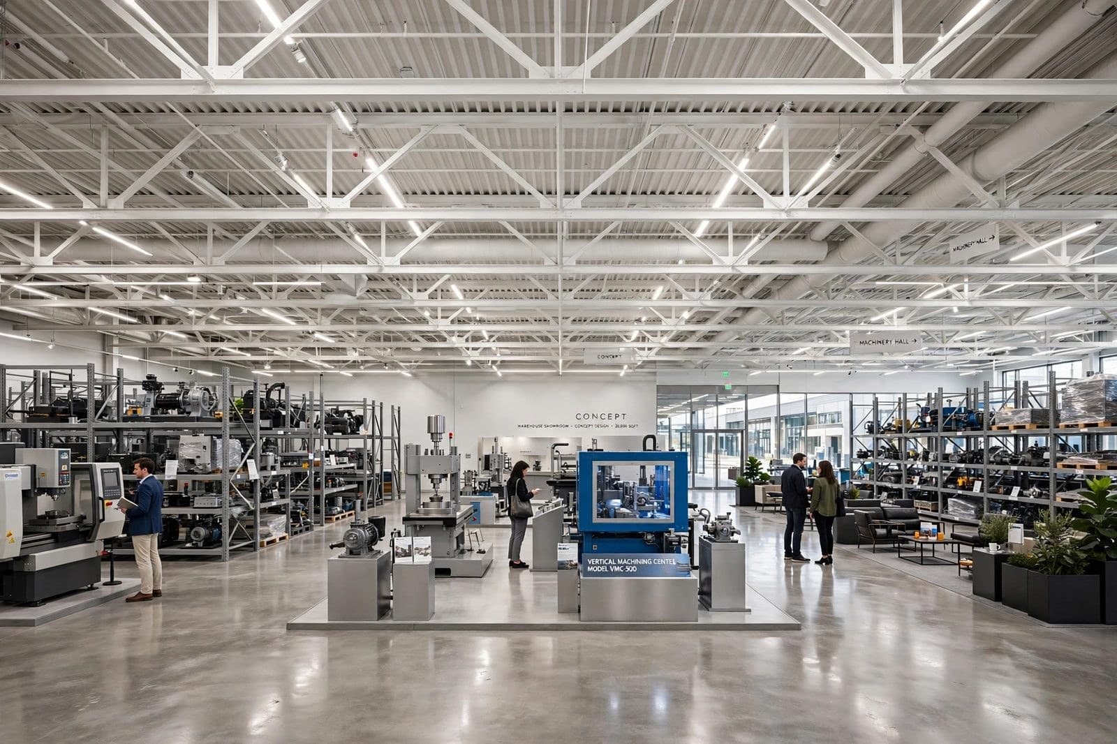 visitors among machining centers inside the high-ceiling Building 11 hall, showing scale