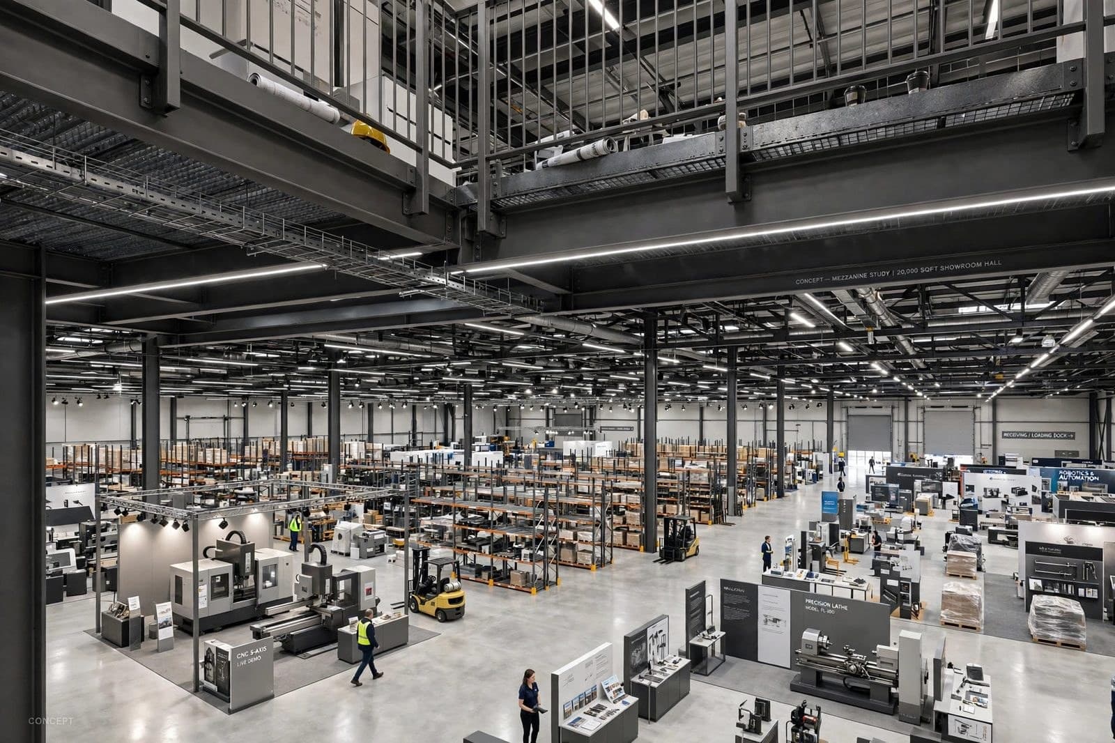 Elevated view from a mezzanine over the Building 11 machinery hall floor