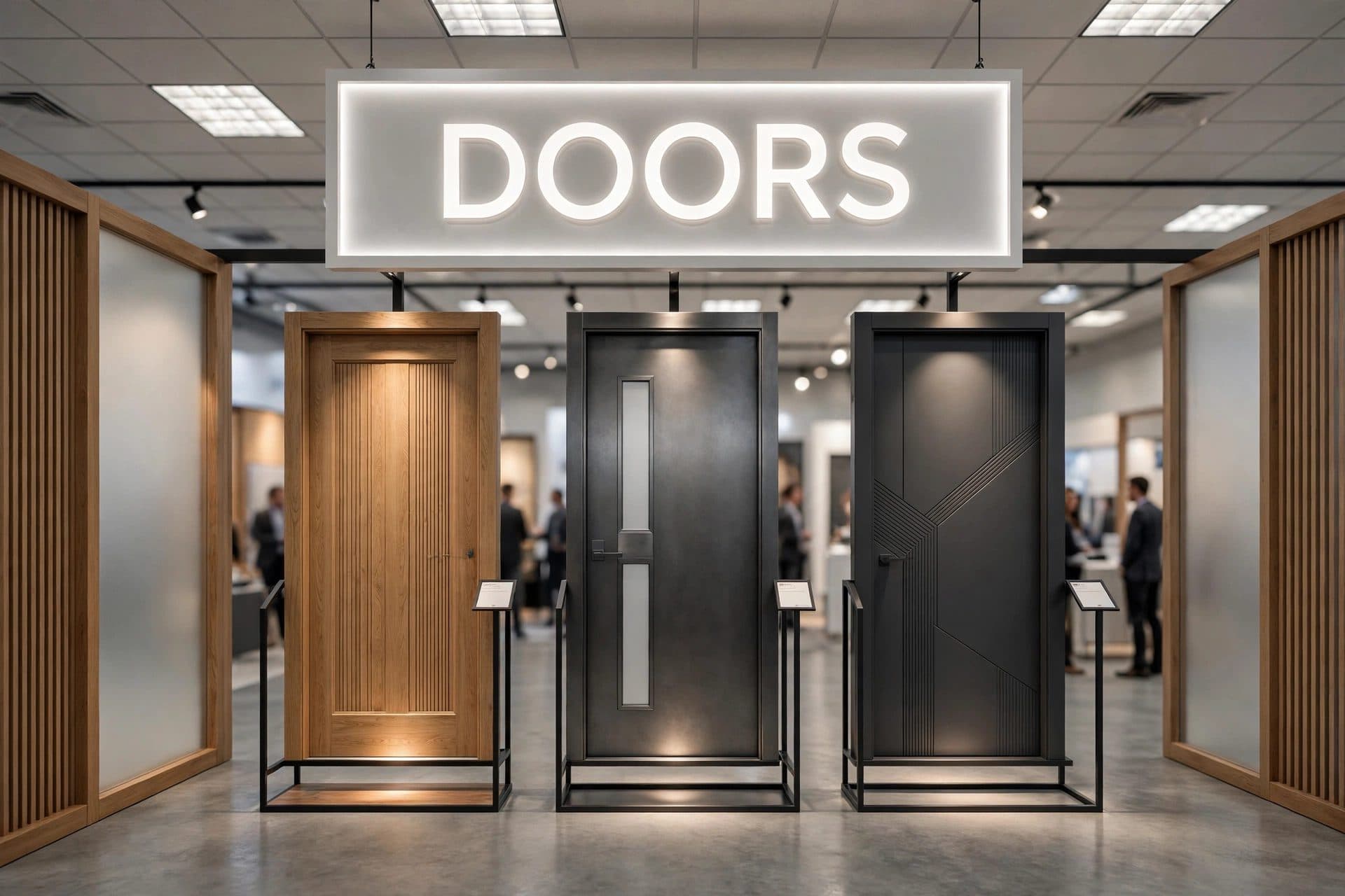 The Doors zone at human scale, with full-size doors on display stands