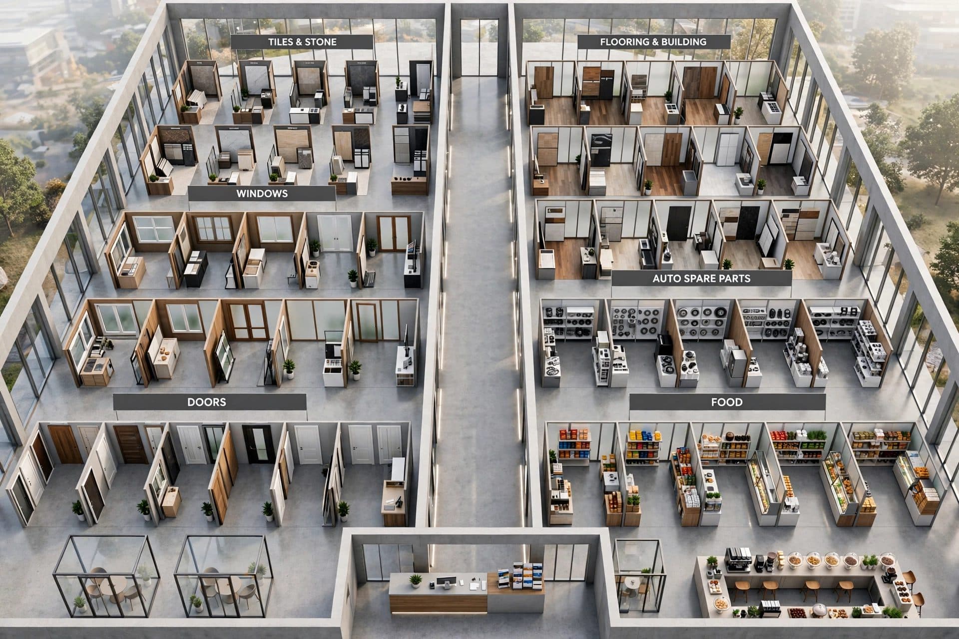 Bird's-eye view of the full Display Showroom hall and its department zones