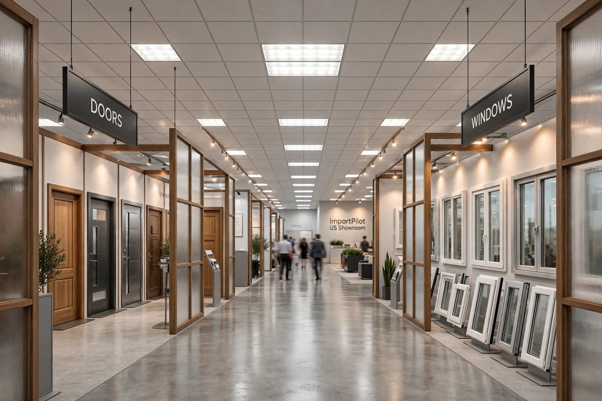 The showroom corridor approaching the Doors department, with door displays on the left
