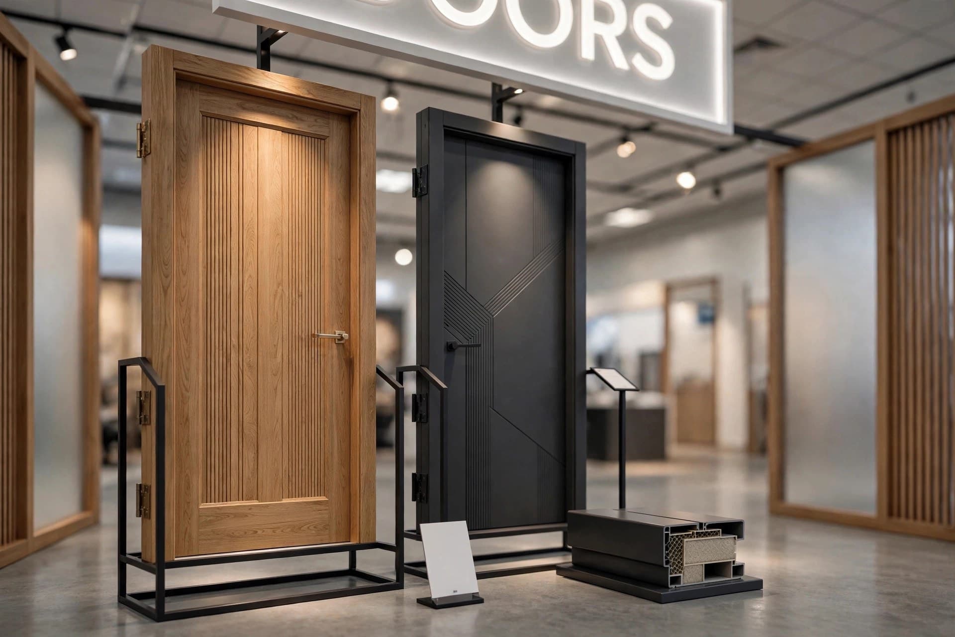Close-up of an oak door and a matte black steel door showing grain, handle and core sample