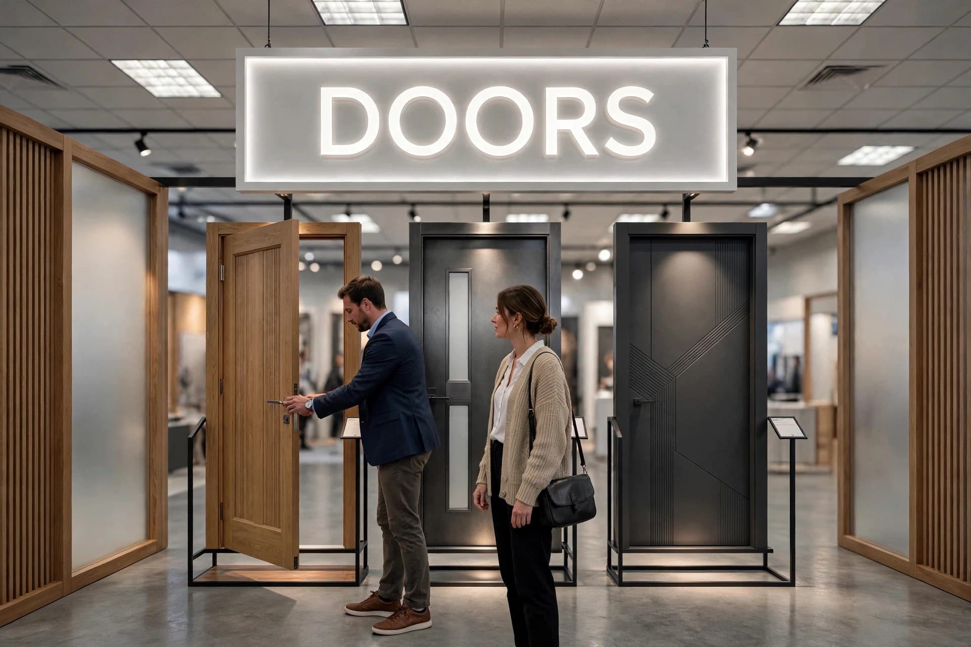 two visitors opening a full-height oak door, showing the scale of the Doors department displays