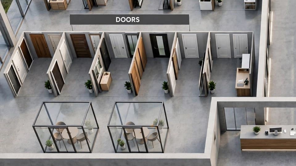 Aerial view of the Doors zone with individual door display booths in the showroom layout