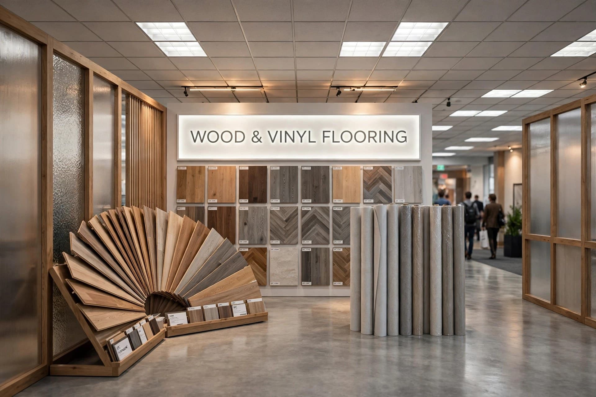 The Wood and Vinyl Flooring department with a fan display of planks and a sample wall