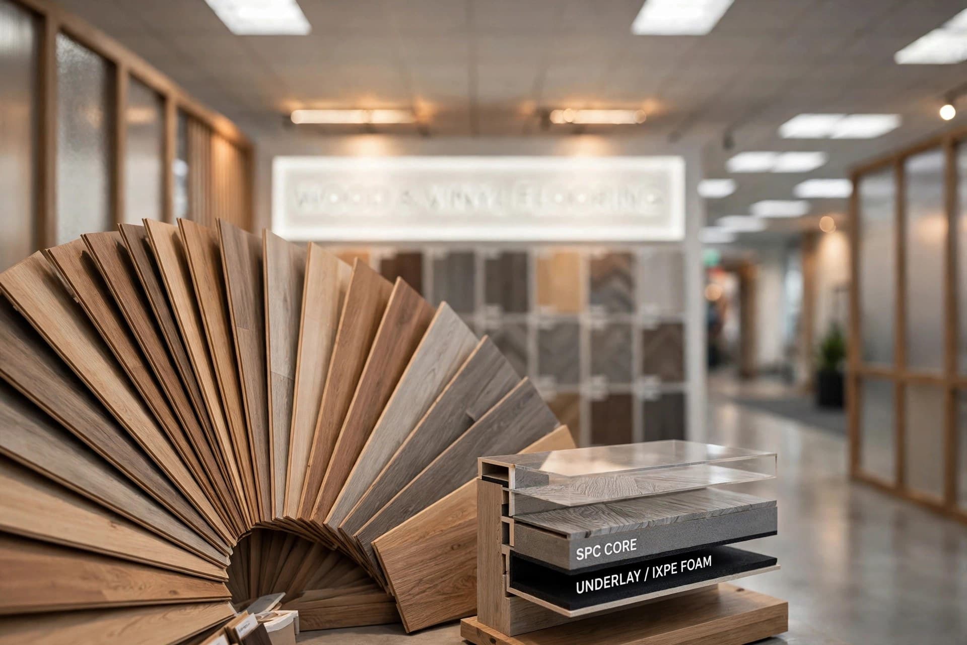 Close-up of fanned vinyl flooring planks with a cutaway sample showing the SPC core layers