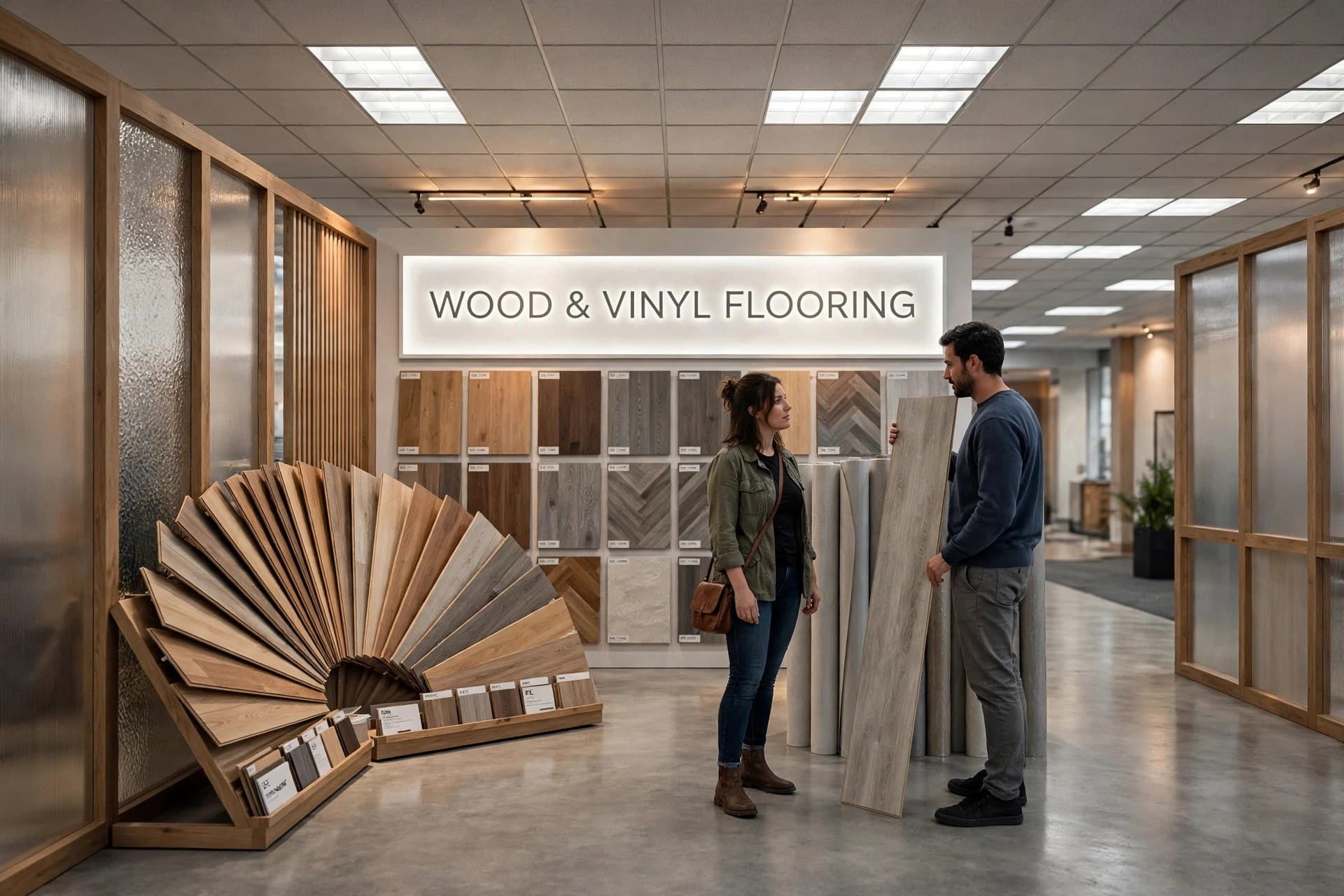 two visitors comparing a full-length flooring plank in the Flooring department, showing scale