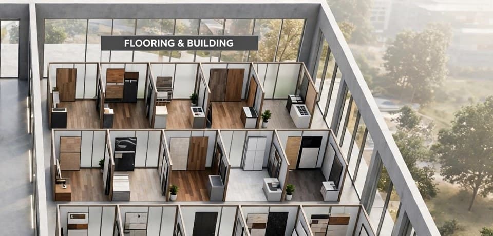 Aerial view of the Flooring and Building zone with flooring display booths in the showroom layout