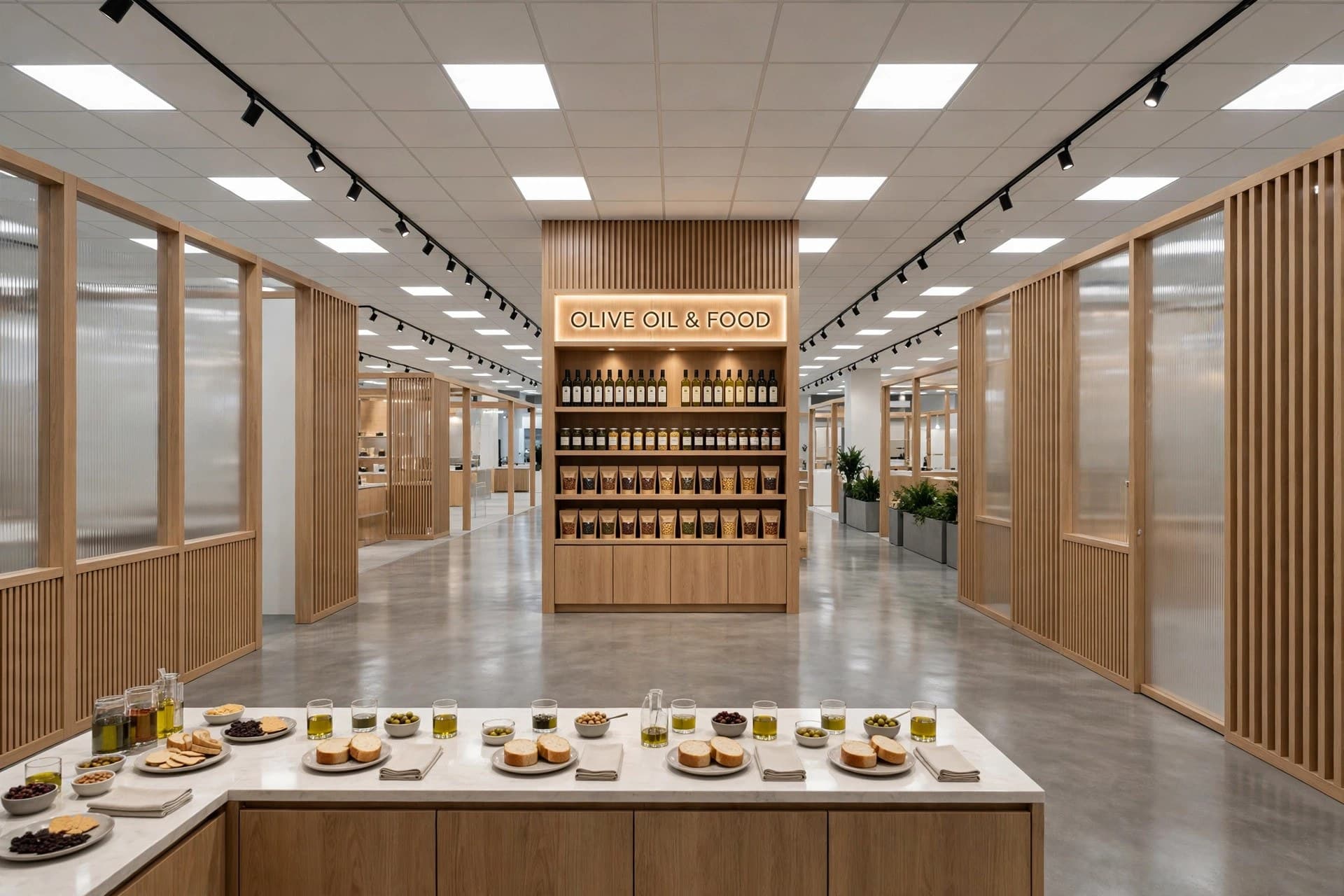 approaching the Olive Oil and Food display unit from the showroom corridor