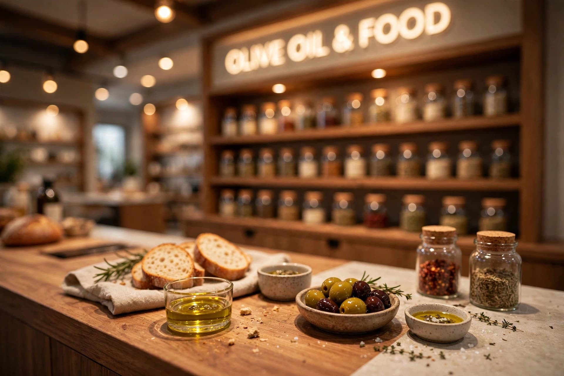 Close-up of a tasting counter with olive oil, bread, olives and spice jars in the Food department