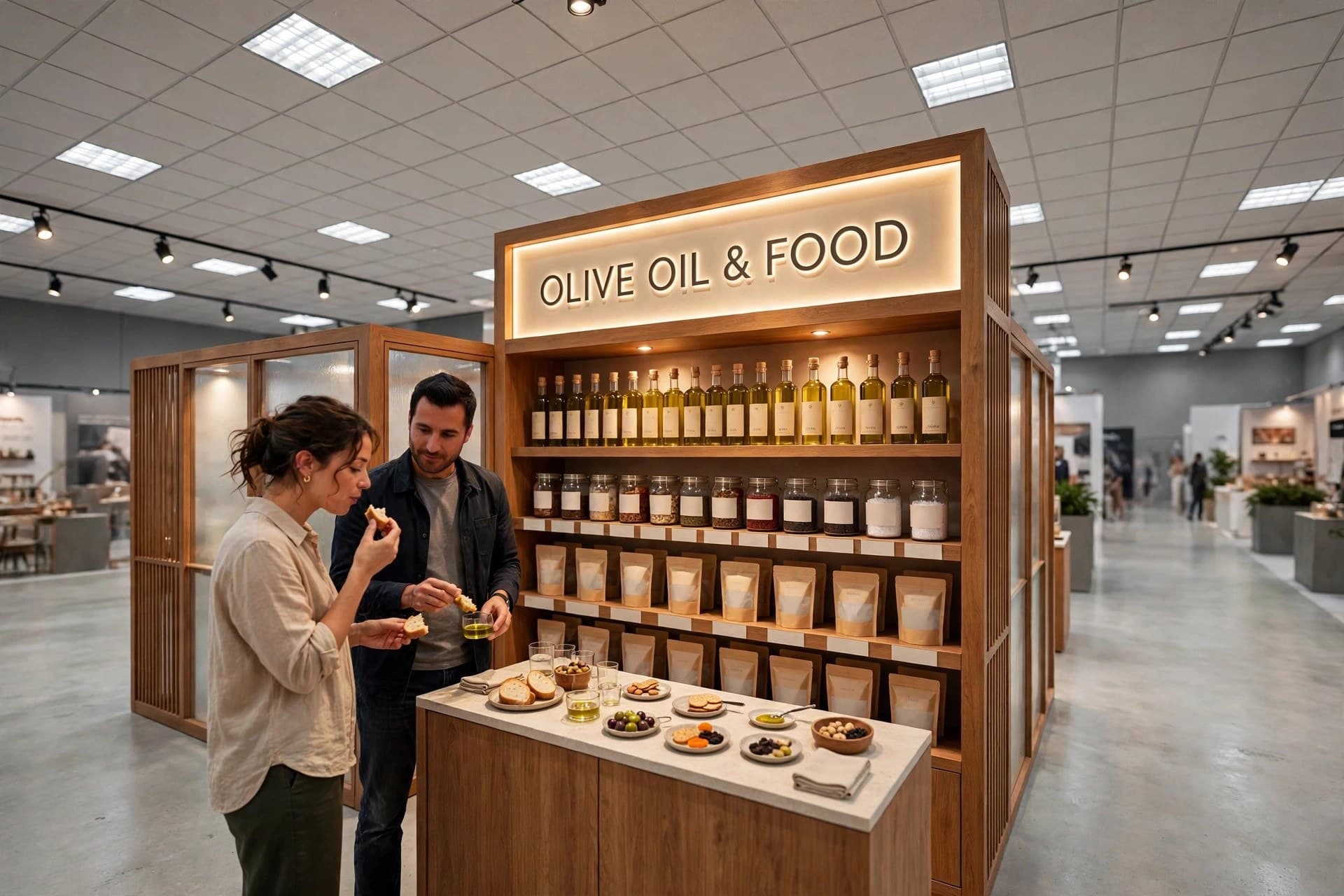 two visitors tasting olive oil beside the full-height Food department shelving unit