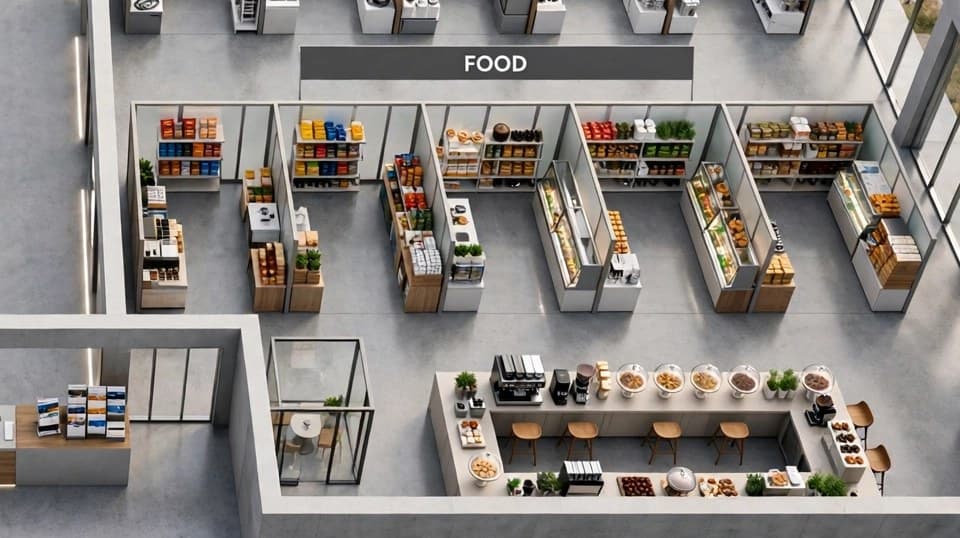 Aerial view of the Food zone with grocery display booths and a tasting bar in the showroom layout