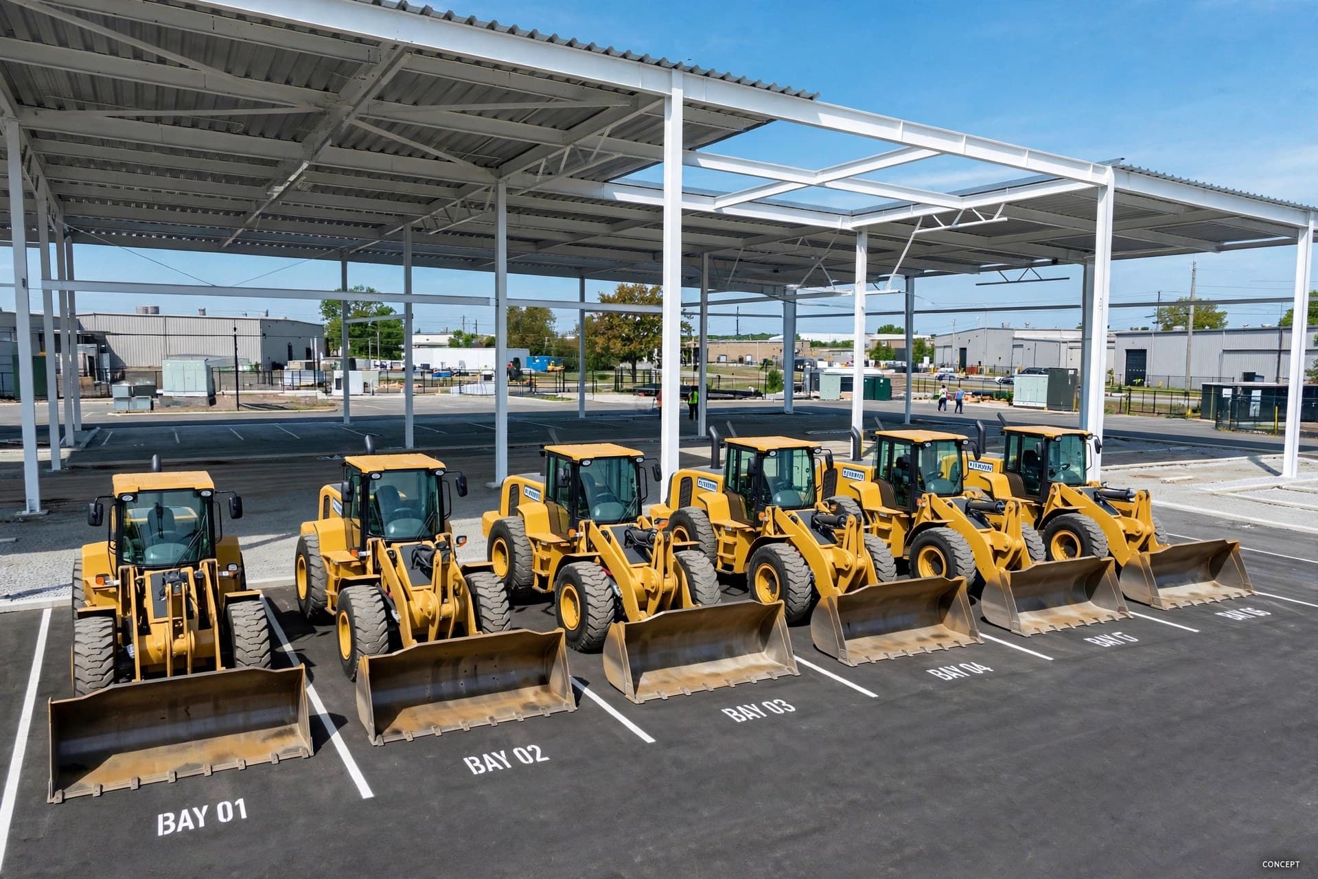 wheel loaders lined up in numbered bays under the outdoor machinery pavilion canopy