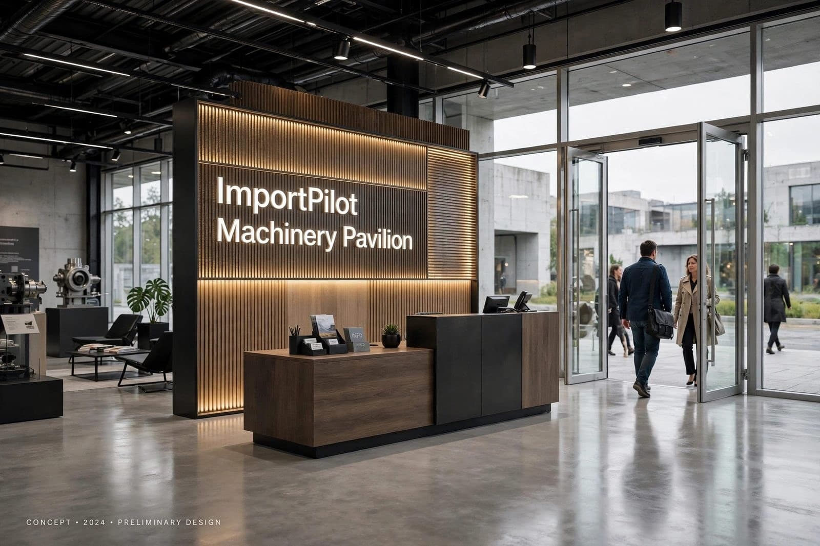 The Machinery Pavilion entrance with a reception desk and visitors walking in