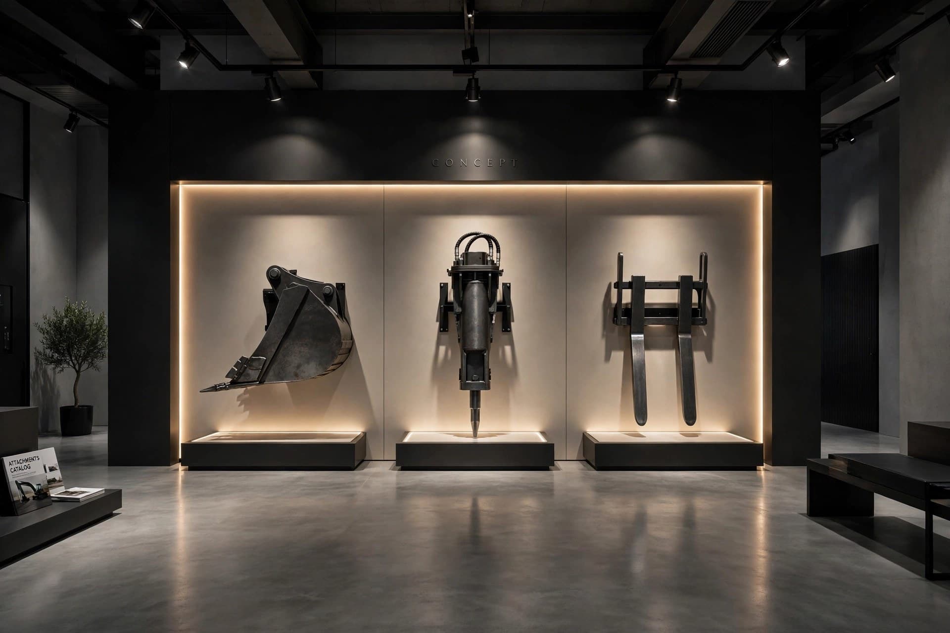 An attachments display wall with an excavator bucket, hydraulic breaker and pallet forks