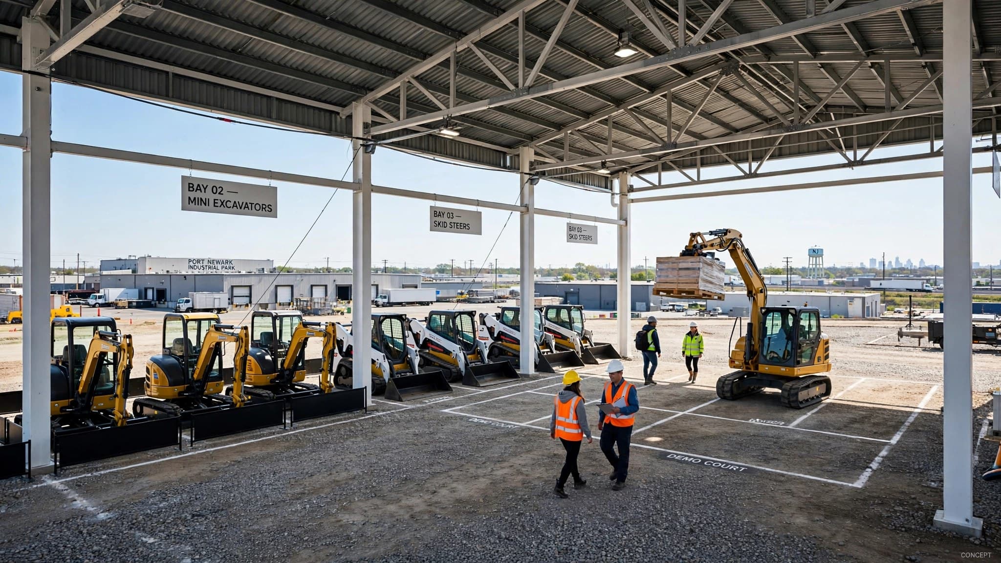 inside the canopy pavilion with mini excavators, skid steers and staff in a marked demo court