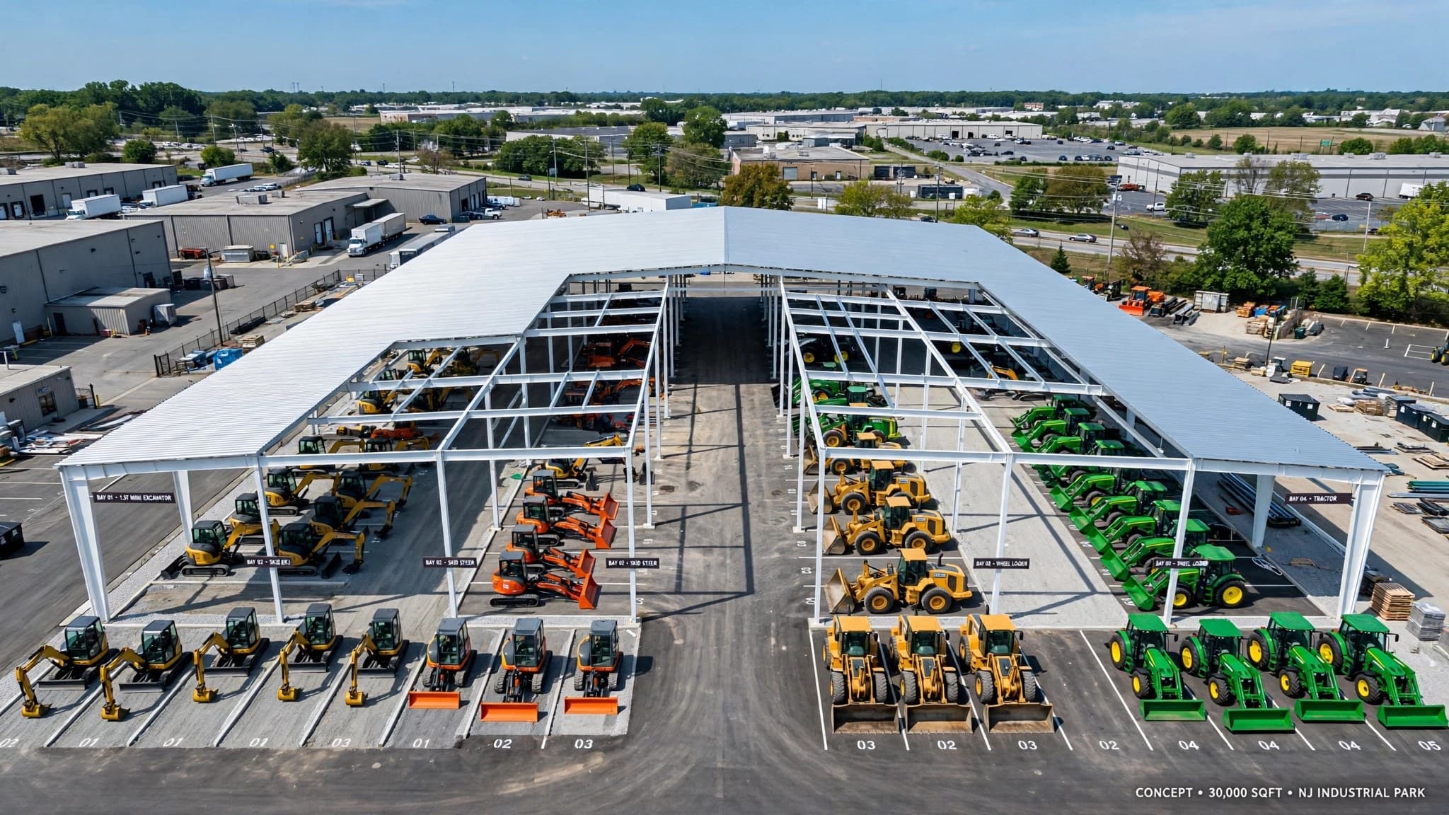 Aerial view of the open-air machinery pavilion with excavators, wheel loaders and tractors in display bays