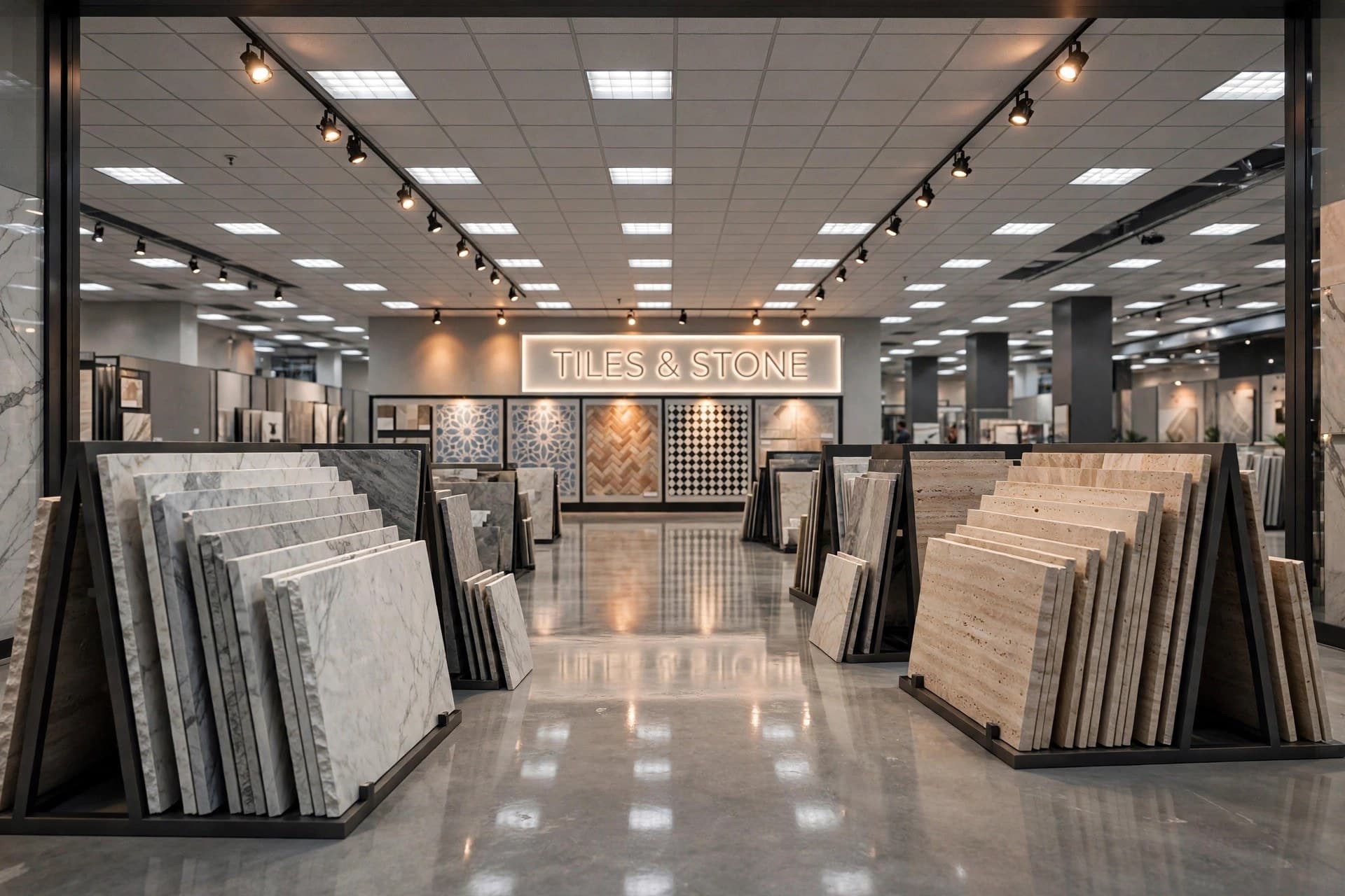 entering the Tiles and Stone department between A-frame slab racks toward the display wall