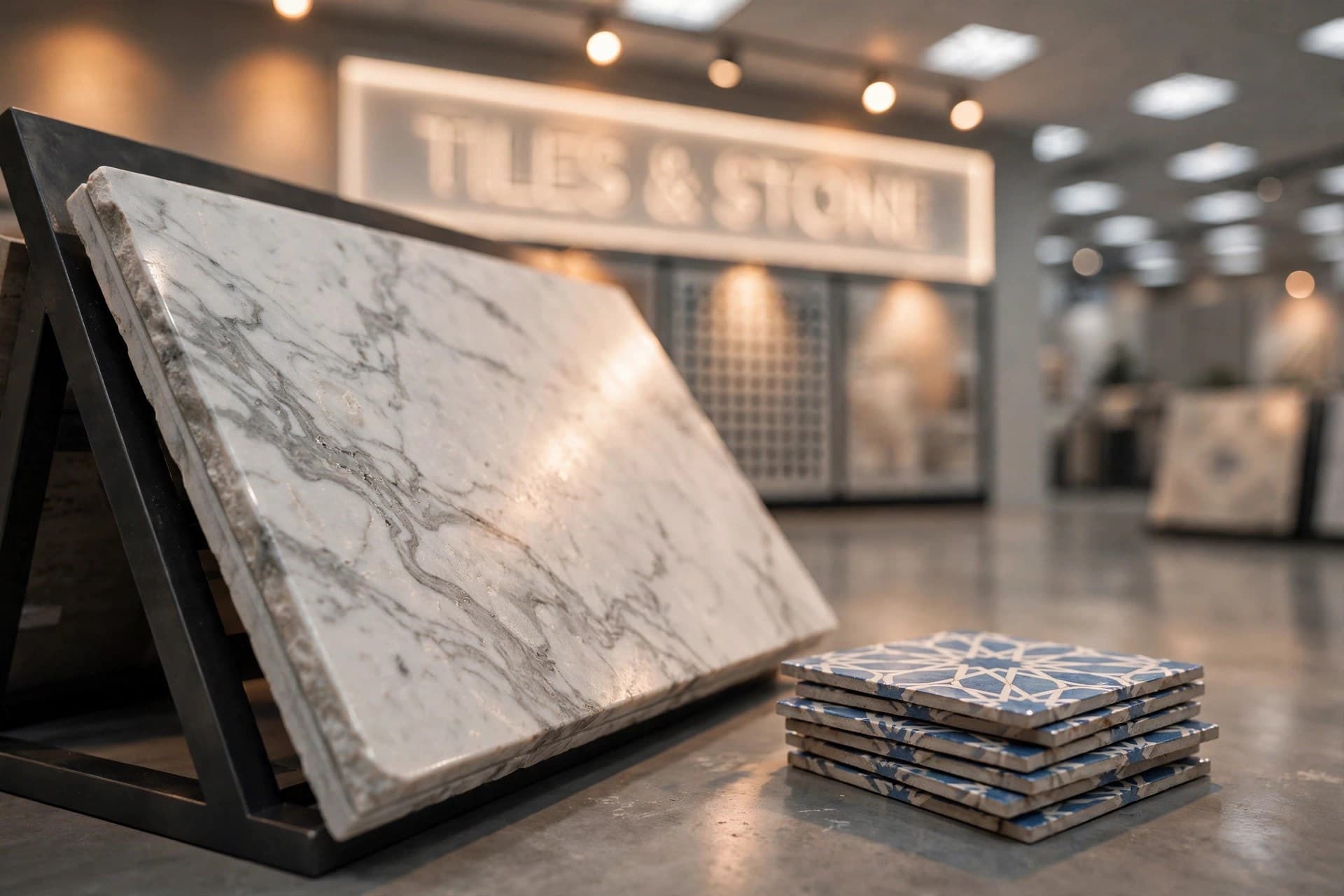 Close-up of a polished marble slab edge and patterned ceramic tiles under warm spotlights