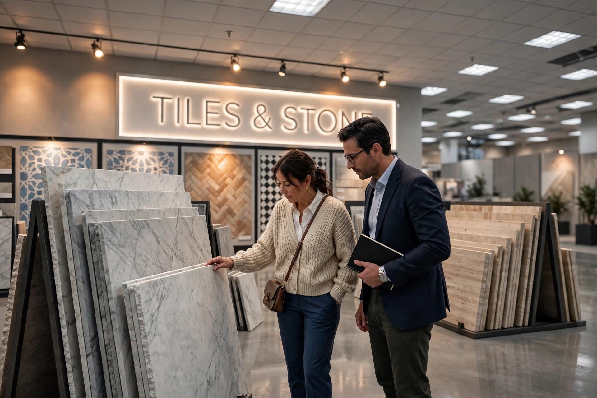 two visitors comparing large stone slabs in the Tiles and Stone department, showing scale