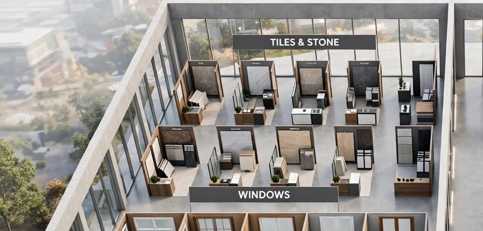 Aerial view of the Tiles and Stone zone with slab display booths in the showroom layout