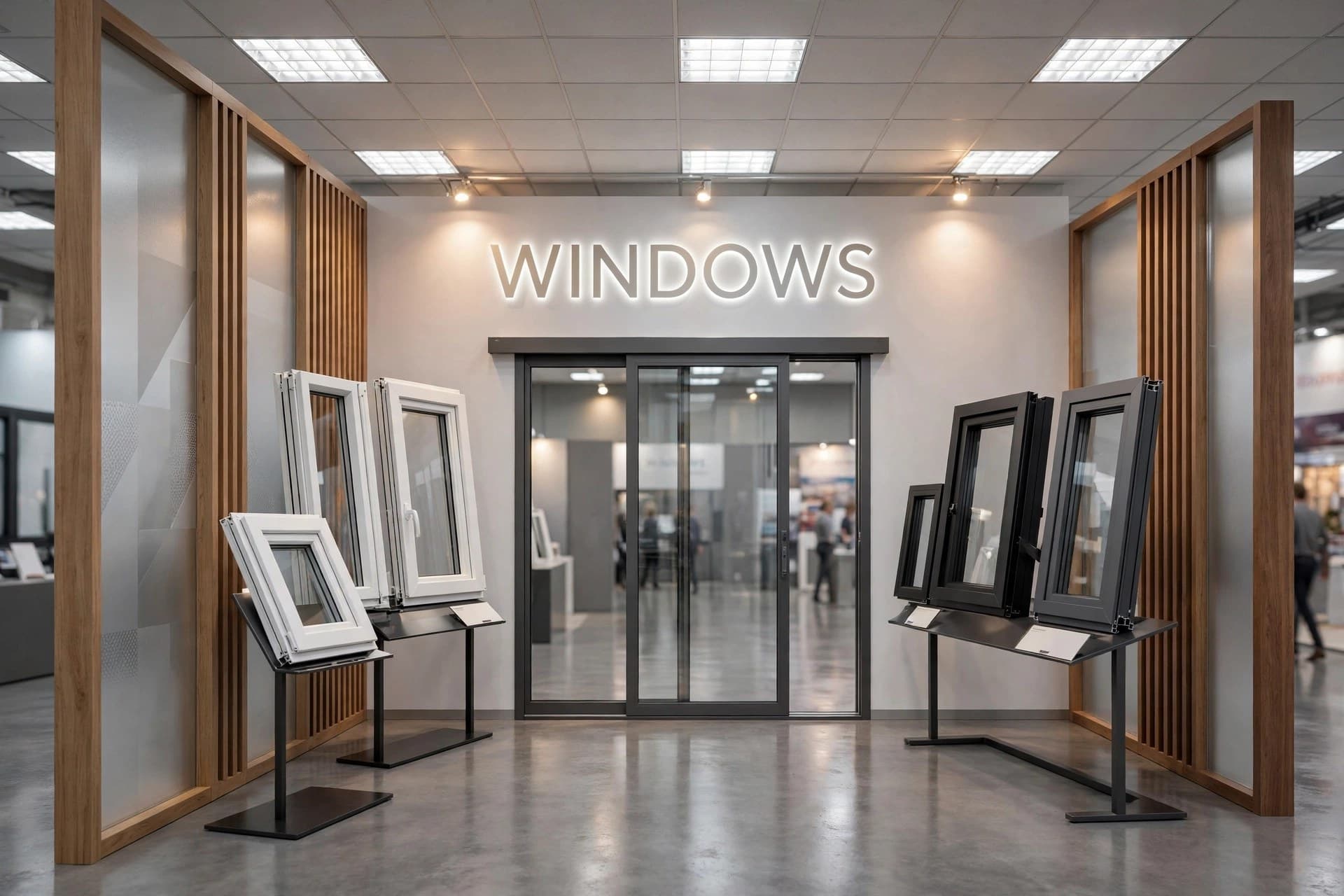 The Windows department with white and black window frames and a sliding glass door under a WINDOWS sign