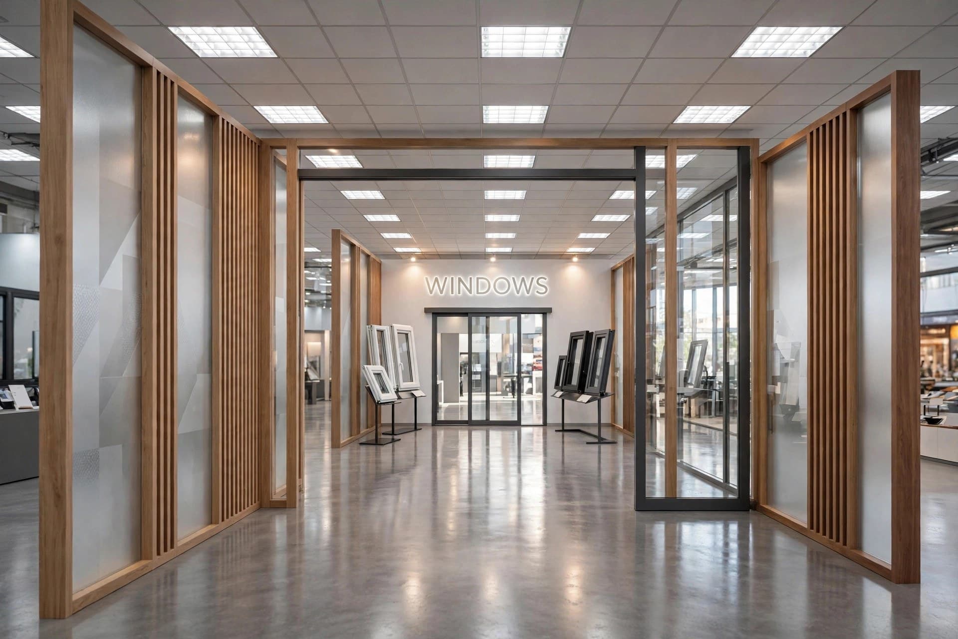 approaching the Windows department from the showroom corridor through wood and frosted glass partitions