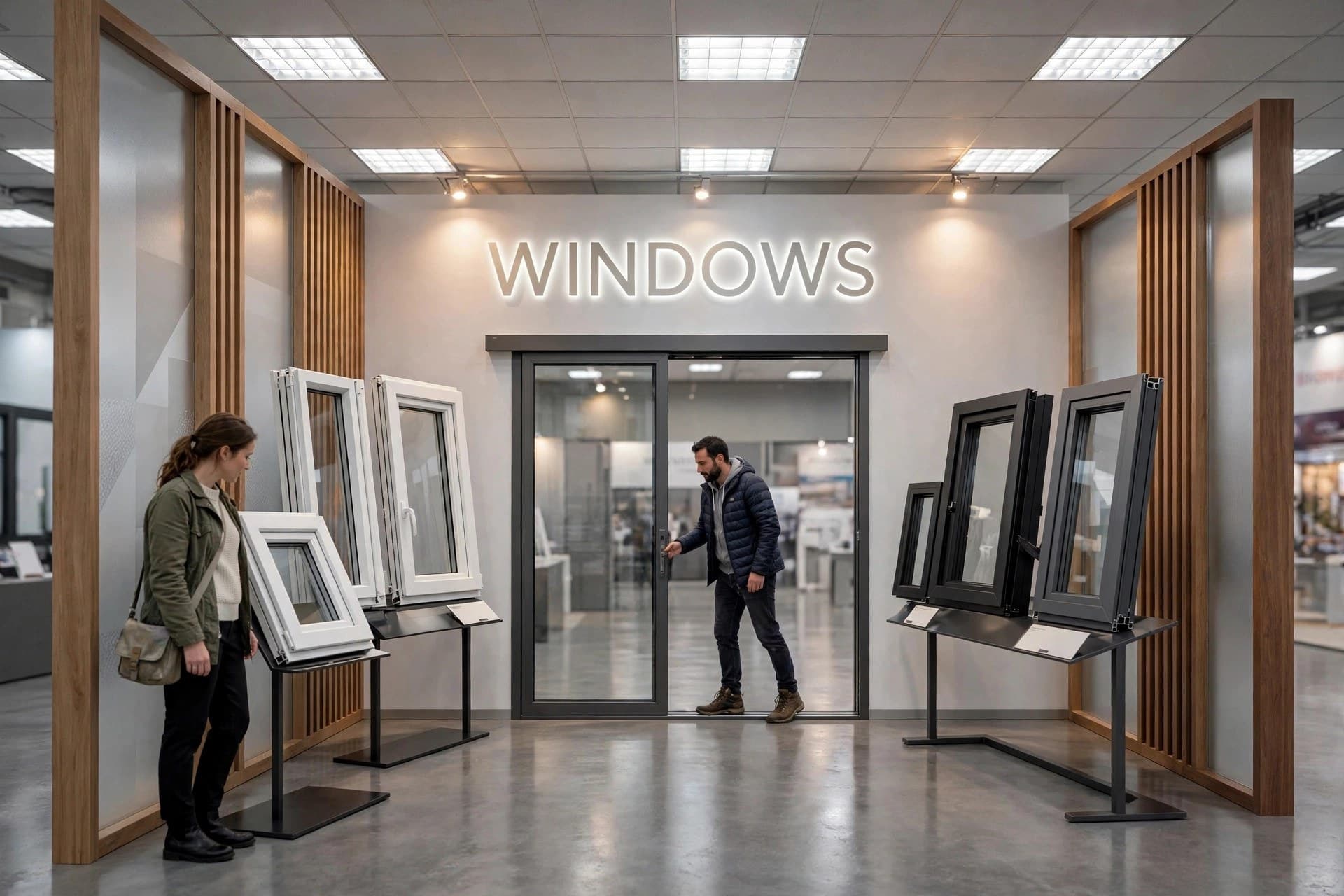 A visitor sliding open a full-height glass patio door in the Windows department, showing scale