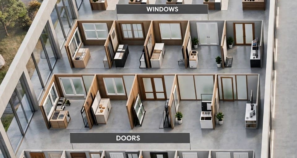 Aerial view of the Windows zone with window display booths in the showroom layout