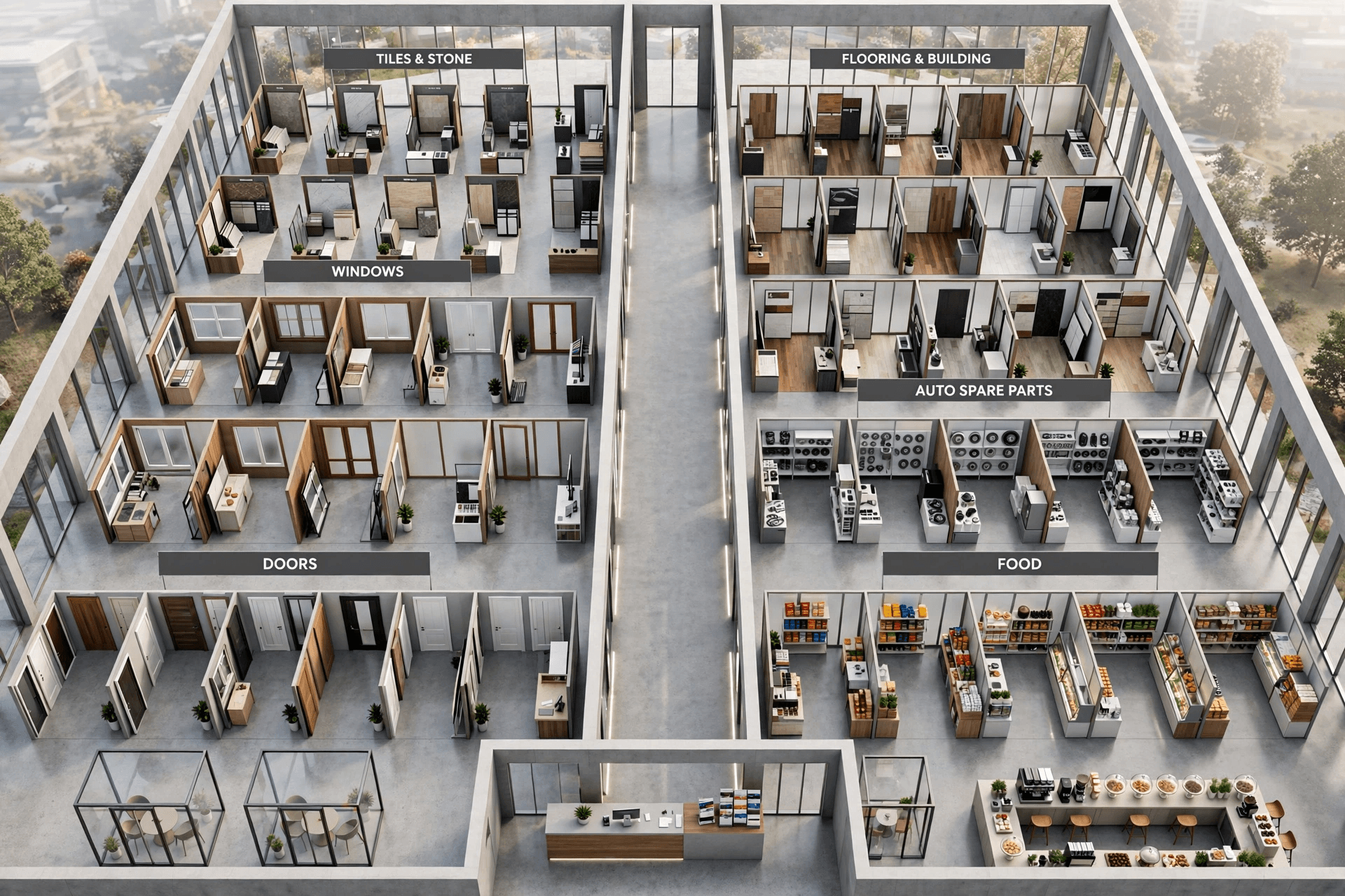 Bird's-eye view of the Display Showroom hall with its six department zones