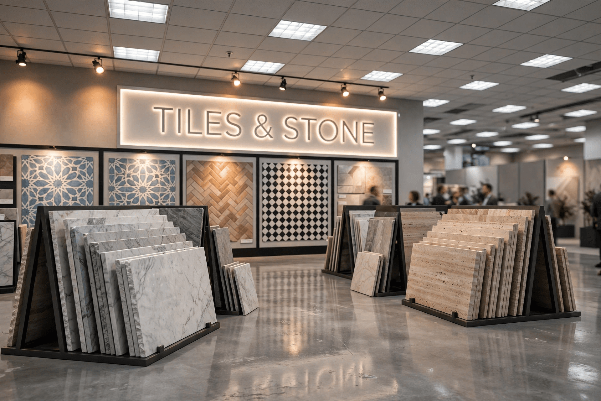 Tiles & Stone gallery — Marble slabs and patterned tile under gallery light.