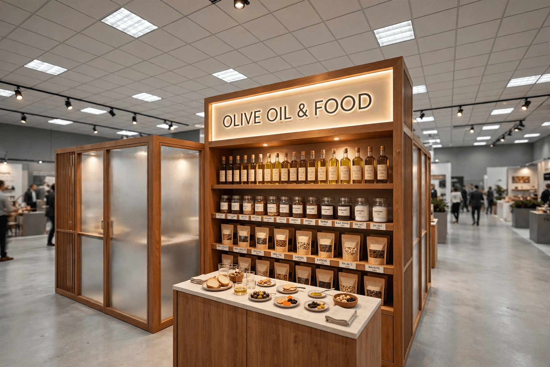 Food zone — Olive oil, dried goods, spices — and a tasting counter.