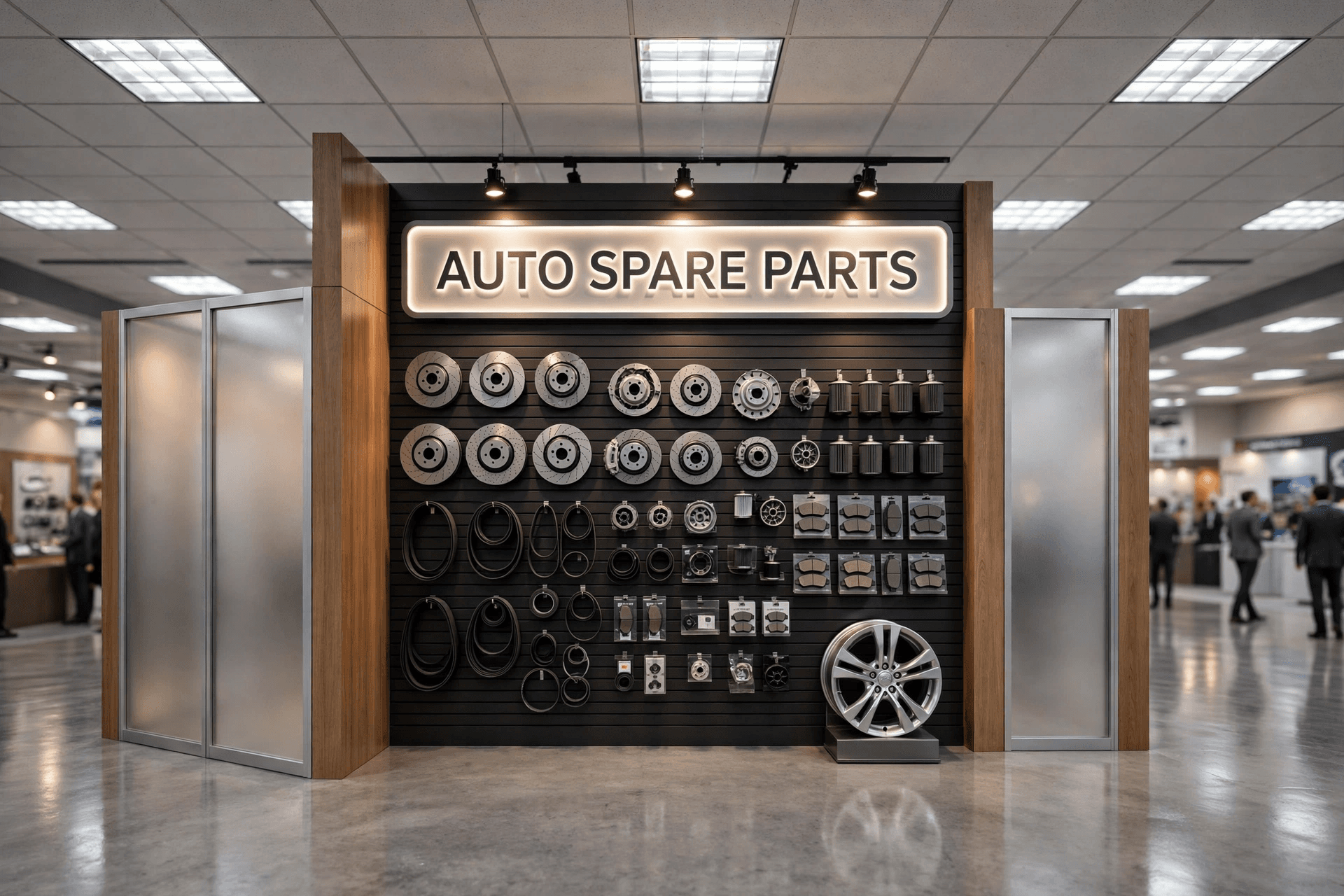 Auto spare parts zone — Brake discs, filters and belts on slatwall.