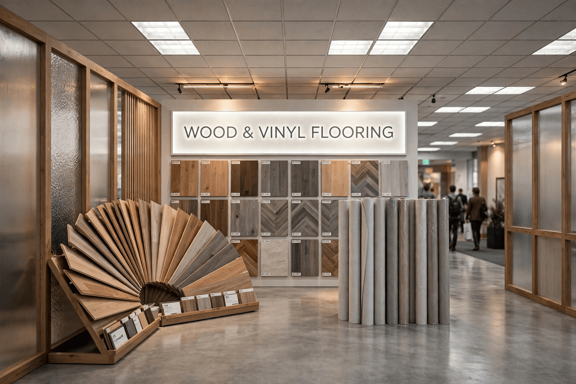 Flooring & building zone — Wood planks, vinyl rolls and sample boards.