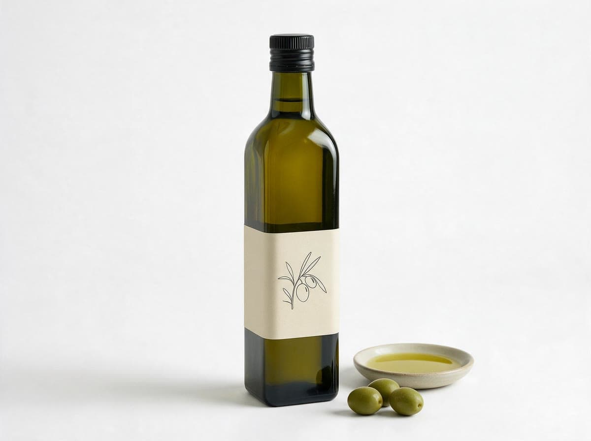 Sample render of a dark glass bottle of extra virgin olive oil on a white studio background